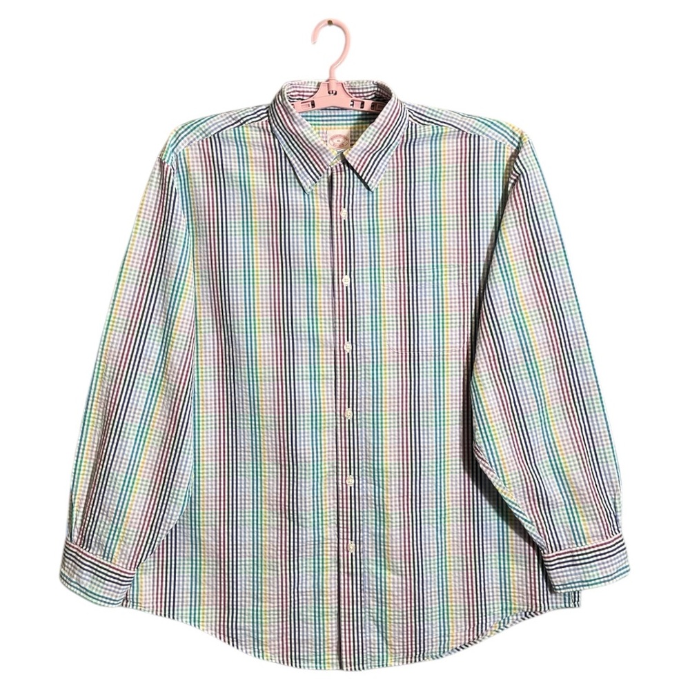 Brooks Brothers Men's Size - XL Green White Blue Plaid‎ Long Sleeve Butto…